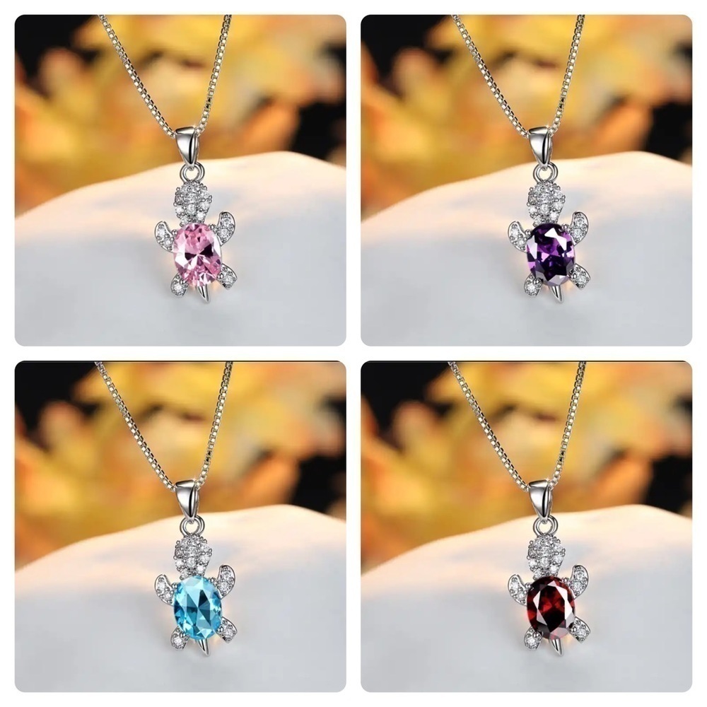 “Just Keep Swimming” Blue Green Turtle Diamond 925 Sterling Silver Gift Necklace - Picture 8 of 12